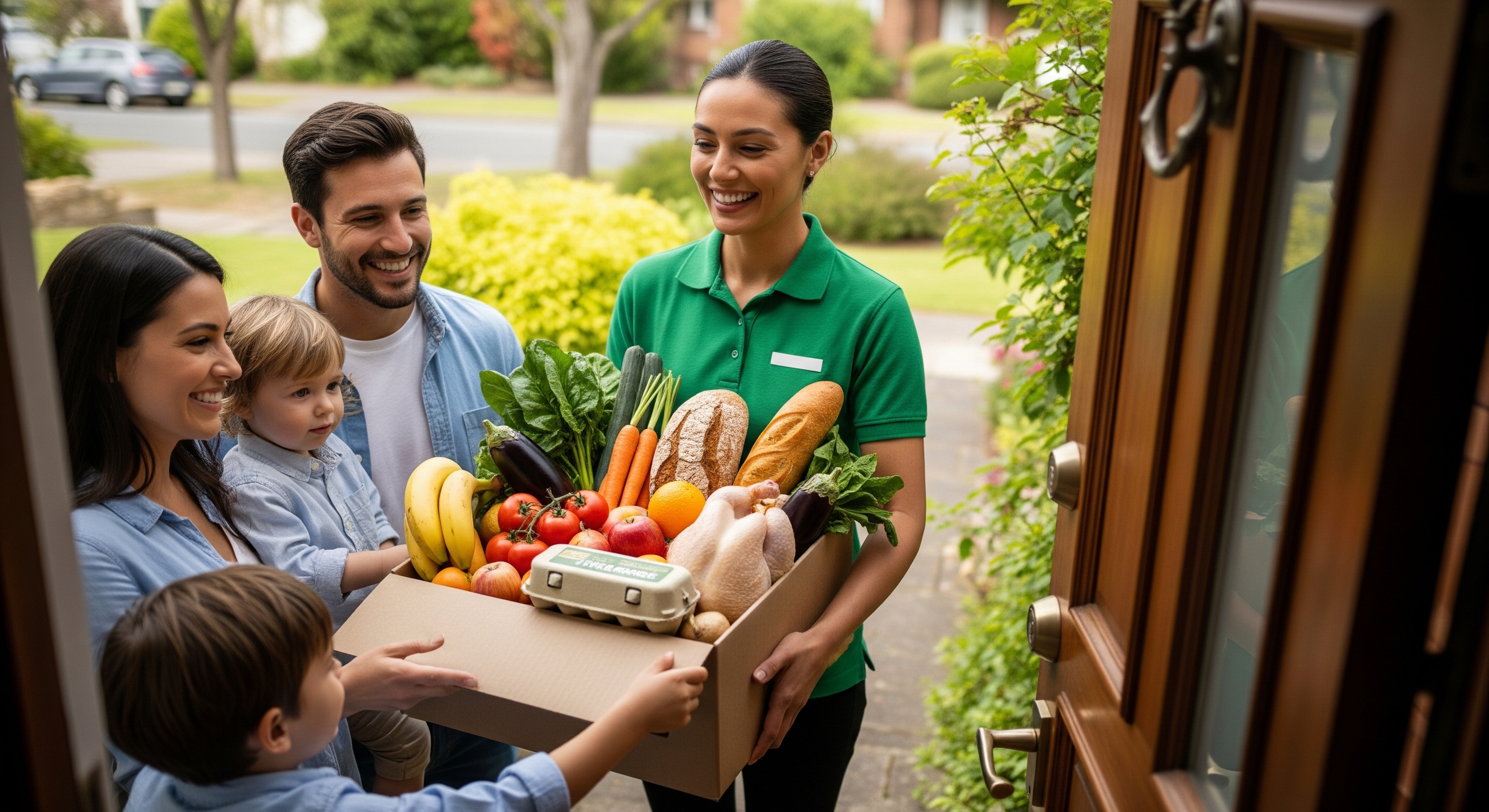 Repartidora entregando canasta de productos frescos de Mercado a casa en 1, 2 por 3